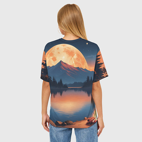 Женская футболка оверсайз Костер на берегу озера / 3D-принт – фото 4
