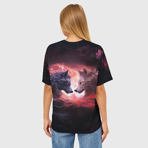 Женская футболка оверсайз Влюбленные волки разного раскраса / 3D-принт – фото 4