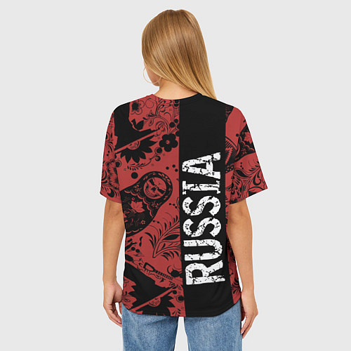 Женская футболка оверсайз Россия на фоне матрёшек балалайки и славянских узо / 3D-принт – фото 4