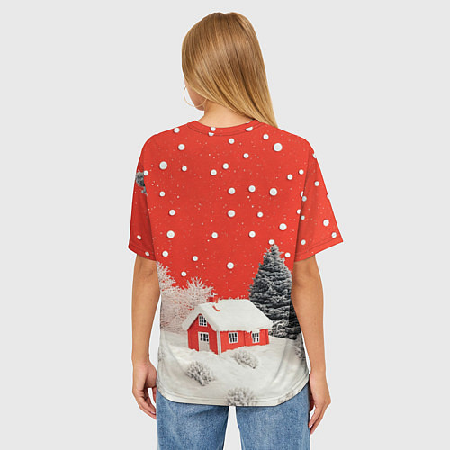 Женская футболка оверсайз Новогодний домик и красное небо / 3D-принт – фото 4