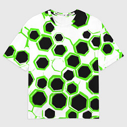 Футболка оверсайз женская Чёрно-зелёные шестиугольники на белом фоне, цвет: 3D-принт