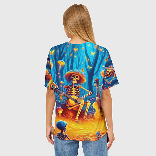Женская футболка оверсайз Музыкальная группа скелетов на лесной поляне / 3D-принт – фото 4