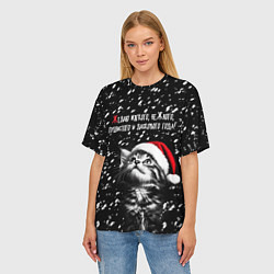 Футболка оверсайз женская Милый котик в шапке Деда Мороза, цвет: 3D-принт — фото 2