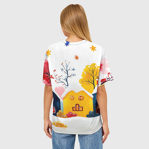 Женская футболка оверсайз Желтые и синие новогодние домики / 3D-принт – фото 4