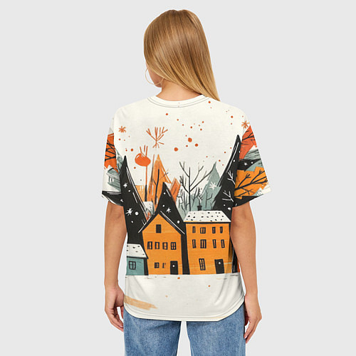 Женская футболка оверсайз Оранжевые зимние домики / 3D-принт – фото 4