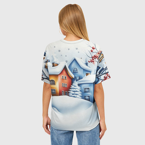 Женская футболка оверсайз Зимний новогодний городской пейзаж / 3D-принт – фото 4