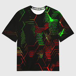 Футболка оверсайз женская Красно-зелёные точки и линии на чёрном фоне, цвет: 3D-принт