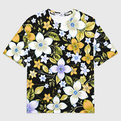 Футболка оверсайз женская Жёлто-белые цветы на чёрном фоне, цвет: 3D-принт