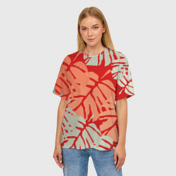 Футболка оверсайз женская Отпечатки монстеры на красном, цвет: 3D-принт — фото 2