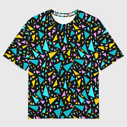 Футболка оверсайз женская Разноцветные яркие треугольники на черном, цвет: 3D-принт