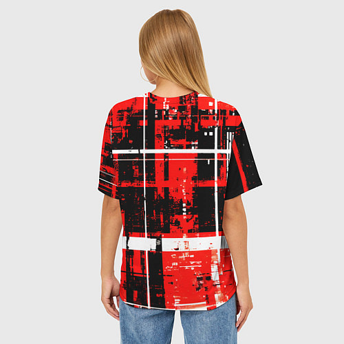 Женская футболка оверсайз Красно-белый гранж на чёрном фоне / 3D-принт – фото 4