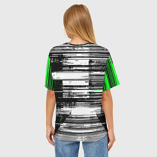 Женская футболка оверсайз Горизонтальные чёрные линии на бело-зелёном фоне / 3D-принт – фото 4