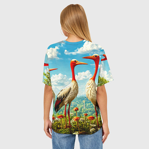Женская футболка оверсайз Аисты в горах / 3D-принт – фото 4