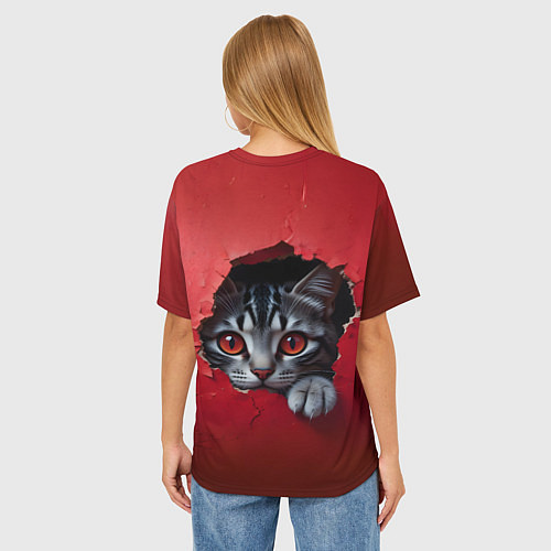 Женская футболка оверсайз Выглядывающий котик / 3D-принт – фото 4