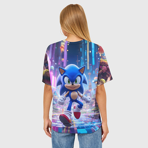 Женская футболка оверсайз Sonic в неоновом городе / 3D-принт – фото 4