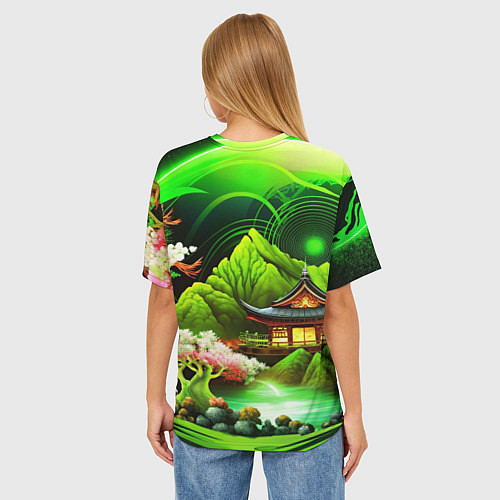 Женская футболка оверсайз Природа Японии в зеленых цветах / 3D-принт – фото 4
