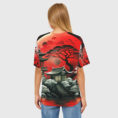 Женская футболка оверсайз Пейзаж Японии в красном цвете / 3D-принт – фото 4