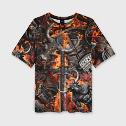 Футболка оверсайз женская Гладиатор и минотавр на фоне огня мечей и щитов, цвет: 3D-принт