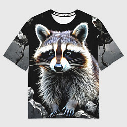 Футболка оверсайз женская Енот на черном, цвет: 3D-принт