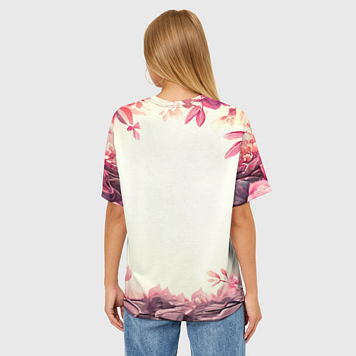 Женская футболка оверсайз Кукушка в розовых цветах / 3D-принт – фото 4