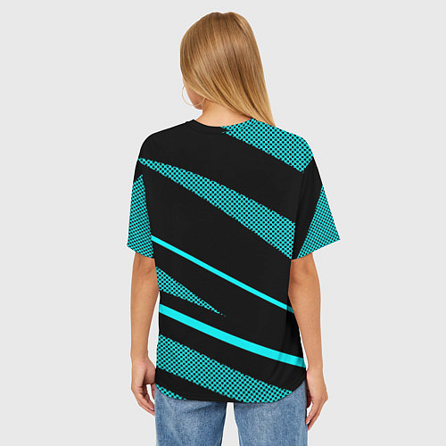 Женская футболка оверсайз Sport чёрный и неоновый голубой абстракция с полос / 3D-принт – фото 4