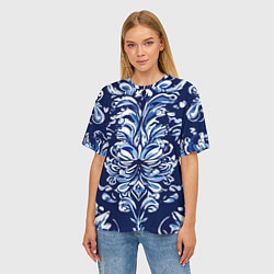 Футболка оверсайз женская Гжель русский орнамент королевский синий, цвет: 3D-принт — фото 2