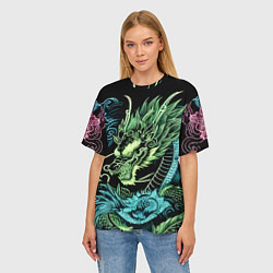 Футболка оверсайз женская Ирезуми - неоновый японский дракон, цвет: 3D-принт — фото 2