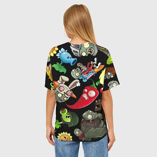 Женская футболка оверсайз Растения против зомби персонажи на черном / 3D-принт – фото 4
