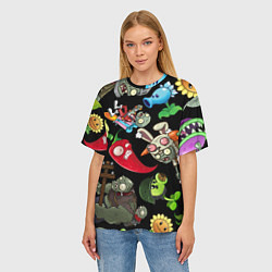 Футболка оверсайз женская Растения против зомби персонажи на черном, цвет: 3D-принт — фото 2