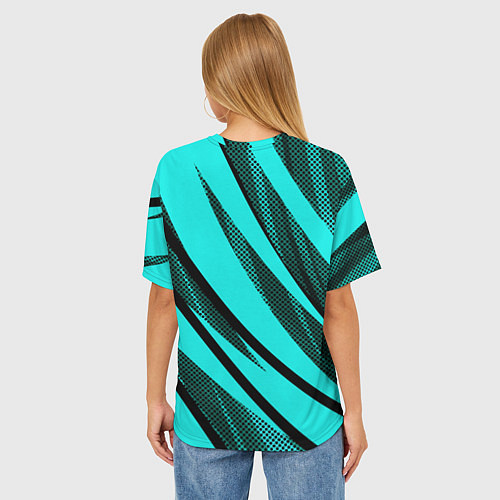 Женская футболка оверсайз Неоновый голубой с чёрным абстракция с полосами / 3D-принт – фото 4