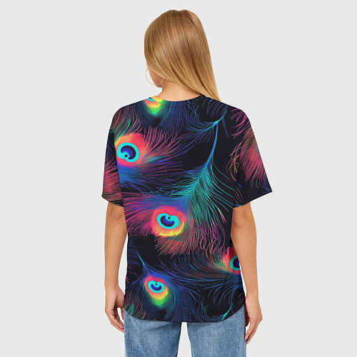 Женская футболка оверсайз Павлиньи перья - разные оттенки / 3D-принт – фото 4