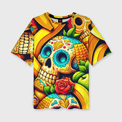 Женская футболка оверсайз Colorfull skulls and bananas - pop art pattern