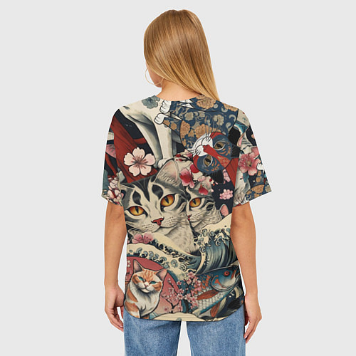 Женская футболка оверсайз Котики и рыбки в сакуре / 3D-принт – фото 4