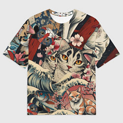 Футболка оверсайз женская Котики и рыбки в сакуре, цвет: 3D-принт