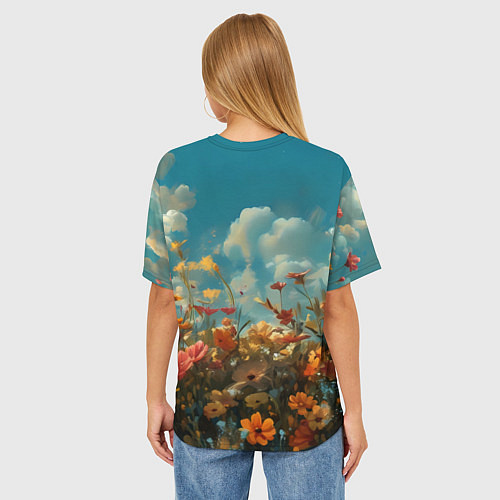 Женская футболка оверсайз Лисица в цветочном поле / 3D-принт – фото 4