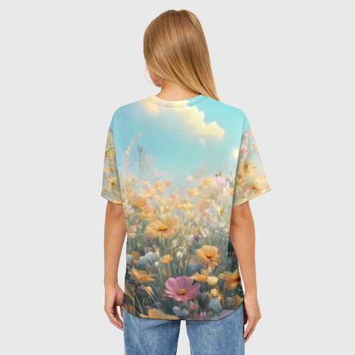 Женская футболка оверсайз Лиса в цветочном поле / 3D-принт – фото 4