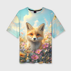 Футболка оверсайз женская Лиса в цветочном поле, цвет: 3D-принт