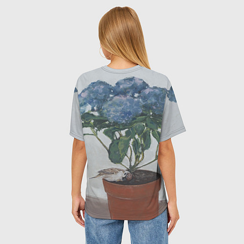 Женская футболка оверсайз Спящий воробушек на гортензии / 3D-принт – фото 4