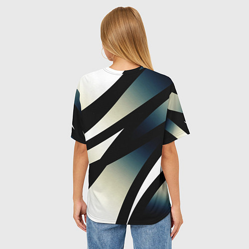 Женская футболка оверсайз Чёрно-белый с синим затемнением полосы / 3D-принт – фото 4