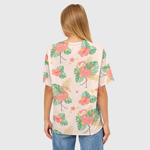 Женская футболка оверсайз Тропический паттерн с фламинго / 3D-принт – фото 4