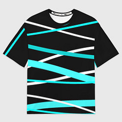 Футболка оверсайз женская Чёрный с бело-голубыми полосами, цвет: 3D-принт
