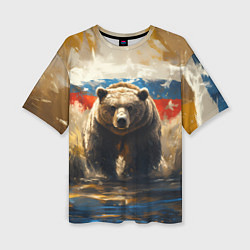 Женская футболка оверсайз Медведь и флаг РФ в поле