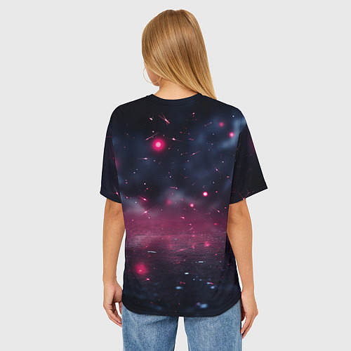 Женская футболка оверсайз Герб России и фиолетовое свечение / 3D-принт – фото 4