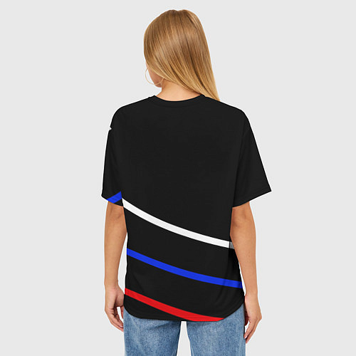 Женская футболка оверсайз Герб с полосами бело-сине-красными на чёрном / 3D-принт – фото 4