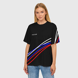 Футболка оверсайз женская Россия полосы бело-сине-красные на чёрном, цвет: 3D-принт — фото 2