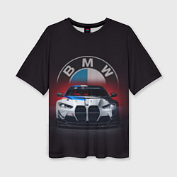 Футболка оверсайз женская BMW на красном фоне, цвет: 3D-принт