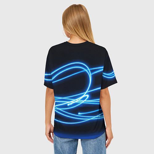 Женская футболка оверсайз Неоновые голубые волны на черном фоне / 3D-принт – фото 4