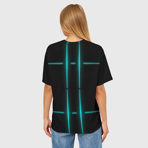 Женская футболка оверсайз Neon black light blue line / 3D-принт – фото 4