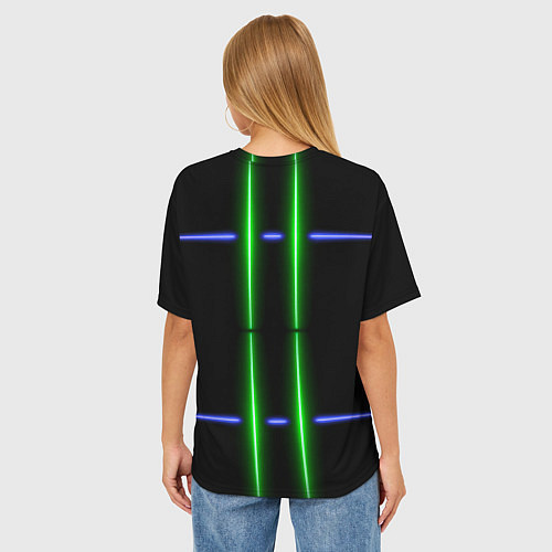 Женская футболка оверсайз Neon black light blue green line / 3D-принт – фото 4