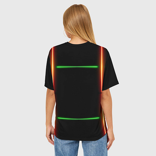 Женская футболка оверсайз Color black green orange lines / 3D-принт – фото 4